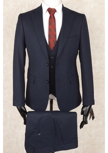 Slim Fit Mono Yaka-Çift Yırtmaç Lacivert Kareli Yelekli Drop 6 Takım Elbise fiyatları