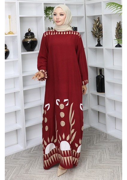 Kolu Lastikli Desenli Elbise 0084-04 Bordo