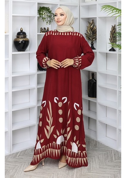 Kolu Lastikli Desenli Elbise 0084-04 Bordo fiyatları