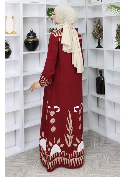 Kolu Lastikli Desenli Elbise 0084-04 Bordo indirimleri