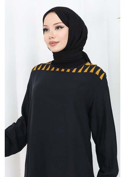 Kolu Lastikli Desenli Elbise 0084-02 Siyah modelleri