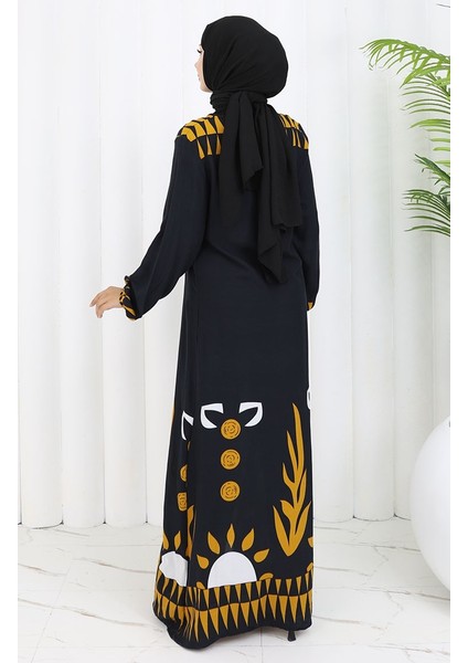 Kolu Lastikli Desenli Elbise 0084-02 Siyah indirimleri