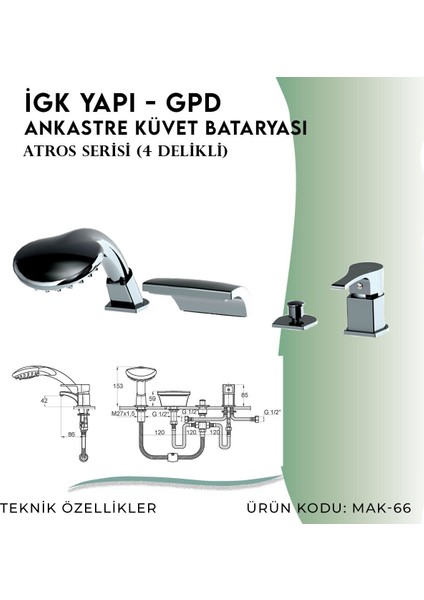 Igk Yapı - Gpd Atros Ankastre Küvet Bataryası (4 Delikli) (MAK66) fırsatları