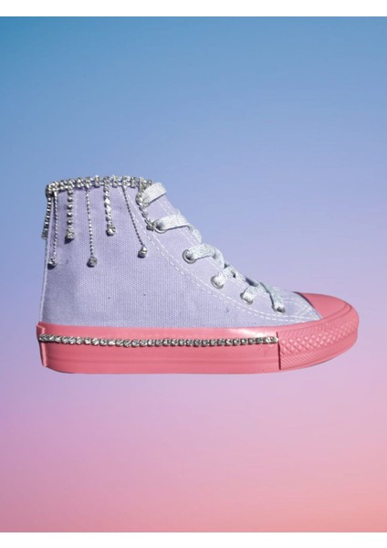 Mor Pembe Taban Taş Işlemeli Bağcıklı Keten Çocuk Spor Ayakkabı Sneaker