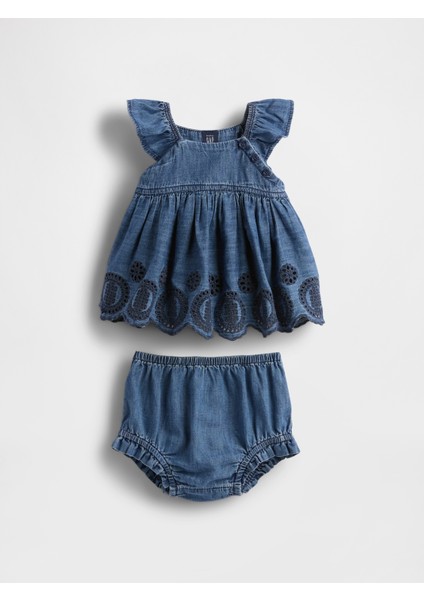 Bebek Mavi Denim Eyelet Outfit Set
