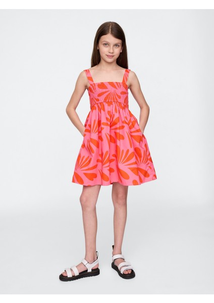 Kız Çocuk Pembe Smocked Poplin Elbise