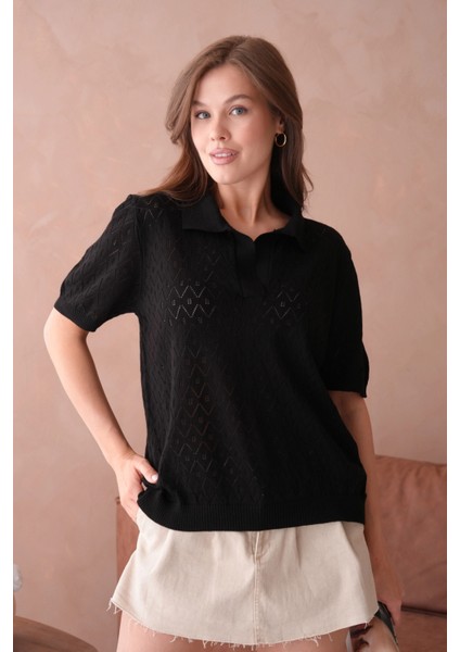Kısa Kol Salaş Yazlık Polo Yaka Triko T-Shirt