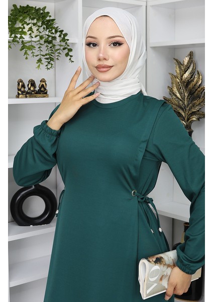 Büzgülü Elbise 5110-10 Zümrüt Yeşili modelleri