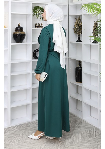 Büzgülü Elbise 5110-10 Zümrüt Yeşili indirimleri