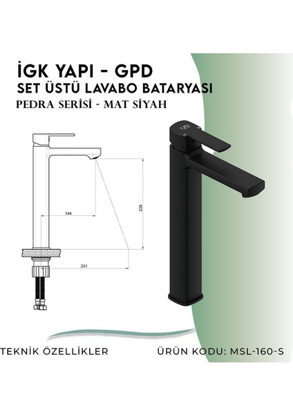 Igk Yapı - Gpd S Pedra Set Üstü Lavabo Bataryası (MSL160-S)