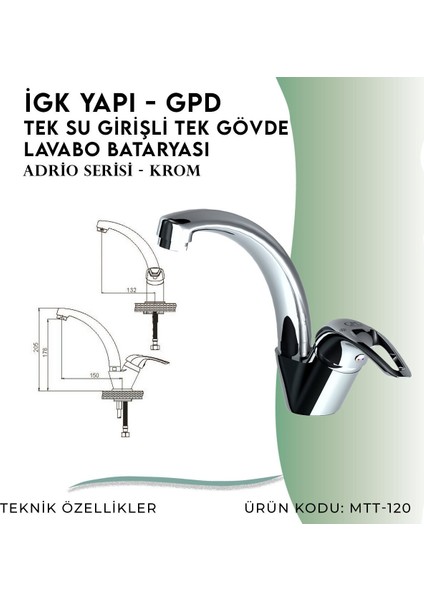 Igk Yapı - Gpd Adrio Tek Su Girişli Tek Gövde Lavabo Bataryası (MTT120)