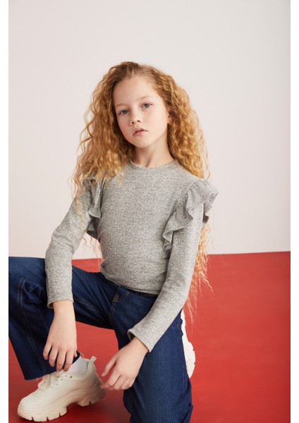 PAREL-GRM24018 %34 Polyester %28VISCON %33PAMUK %5elastne Kız Çocuk Uzun Kollu Bluz Gri Bluz fiyatları