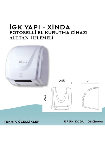 Igk Yapı – Xinda Fotoselli Alttan Üflemeli El Kurutma makinesi (GSX1800A)