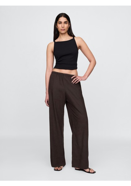 Kadın Kahverengi Keten Karışımlı Easy Wide Leg Pantolon fiyatları