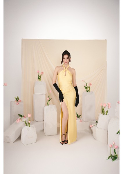 Saten Halter Maxi Elbise