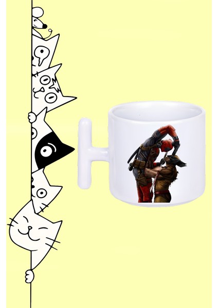 Süper Kahraman Karakter Deadpool & Wolverine Tasarım Baskılı Beyaz T Sap Kupa Bardak