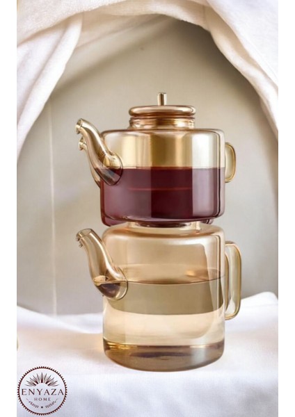 Borosilikat Cam Çaydanlık Seti Gold ''1100 ML-1800 ml