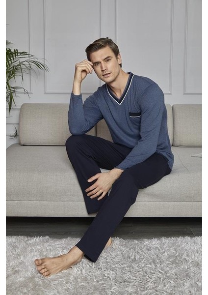 Erkek Uzun Kol V Yaka Dört Mevsim Çok Rahat Pijama Takımı