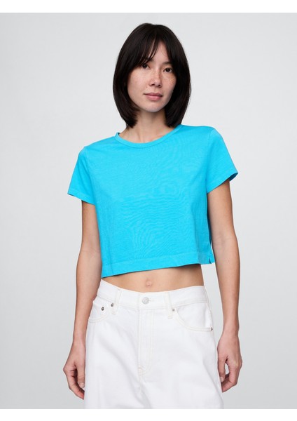 Kadın Açık Mavi %100 Organik Pamuk Vintage Soft Crop T-Shirt