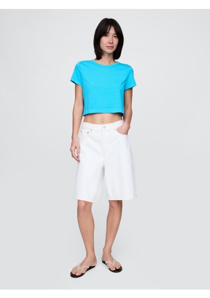 Kadın Açık Mavi %100 Organik Pamuk Vintage Soft Crop T-Shirt fırsatları