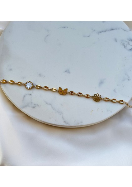 Gold Zincir Kelebek Papatya Motifli Kadın Bileklik Abiye Bilekilik Yazlık Bileklik Vintage Bileklik