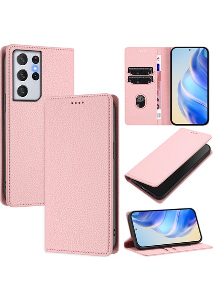 Samsung Galaxy S21 Ultra Için Kılıf Manyetik Kapatma Ince Rfıd Engelleme Deri Cüzdan Telefon Kılıfı Kart Yuvaları ile (Yurt Dışından)