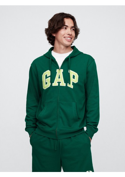 Erkek Koyu Yeşil Gap Logo Fermuarlı Fransız Havlu Kumaş Sweatshirt