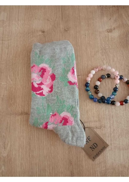 Pamuklu Yılbaşı Pembe Çiçekli Soket Çorabı Yumuşak Gri Kadın Çorap 36-40