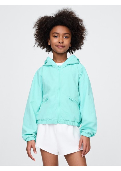 Kız Çocuk Mavi Kapüşonlu Rüzgarlık