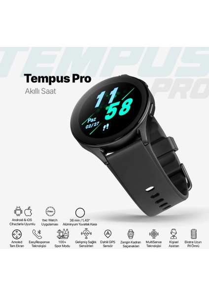 Tempus Pro 36MM Amoled Ekranlı Yuvarlak Alüminyum Kasa Akıllı Saat Siyah fırsatları
