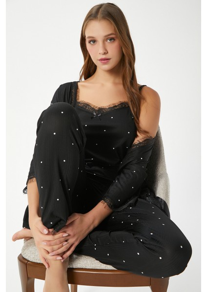 Kadın Betty Siyah 3'lü Paket Sabahlıklı Ip Askılı Dantelli Fitilli Örme Pijama Takımı