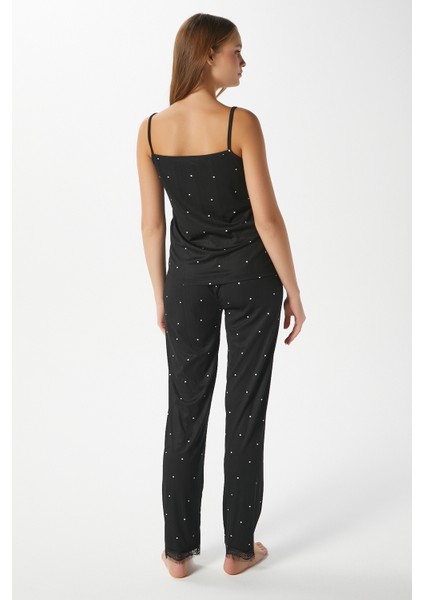 Kadın Betty Siyah 3'lü Paket Sabahlıklı Ip Askılı Dantelli Fitilli Örme Pijama Takımı