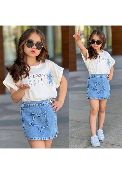 Kız Çocuk "happy Day" Baskılı Tişört & Yıldız Desenli Kot Etek 2’li Takım 2535