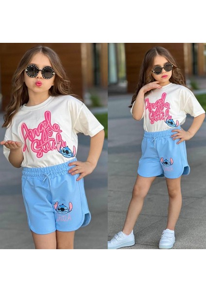 Kız Çocuk Angel & Stitch Baskılı Tişört ve Şort Takımı - 2’li Yazlık Kombin 7209