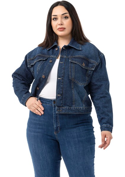 Büyük Beden Göğüsten Çift Cepli Kısa Lacivert Denim Ceket fiyatları