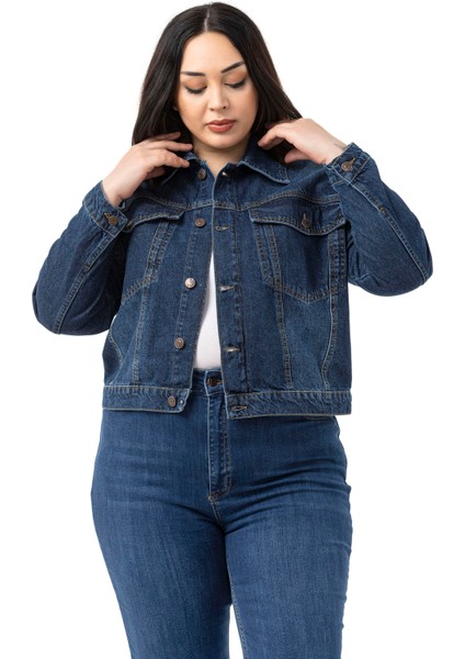 Büyük Beden Göğüsten Çift Cepli Kısa Lacivert Denim Ceket fırsatları