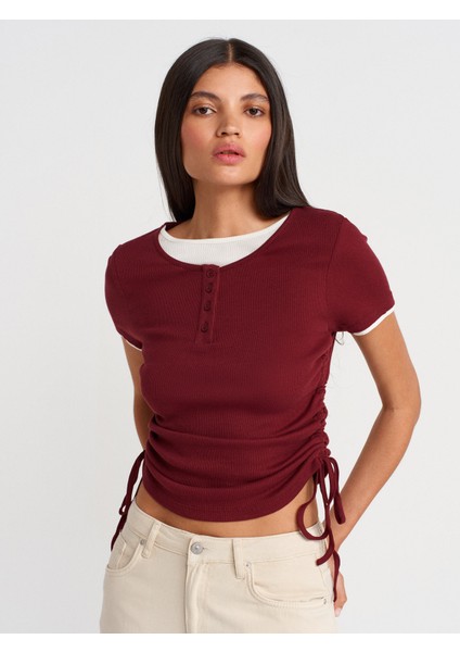 31816 Çift Katlı Büzgülü T-Shirt-Açık Bordo