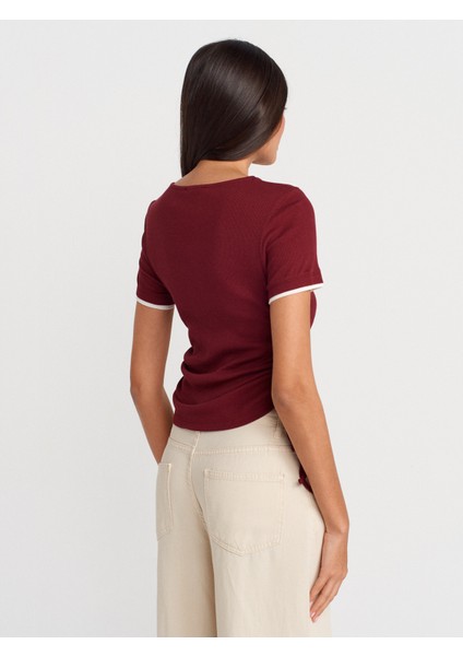 31816 Çift Katlı Büzgülü T-Shirt-Açık Bordo fiyatları