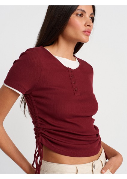 31816 Çift Katlı Büzgülü T-Shirt-Açık Bordo modelleri