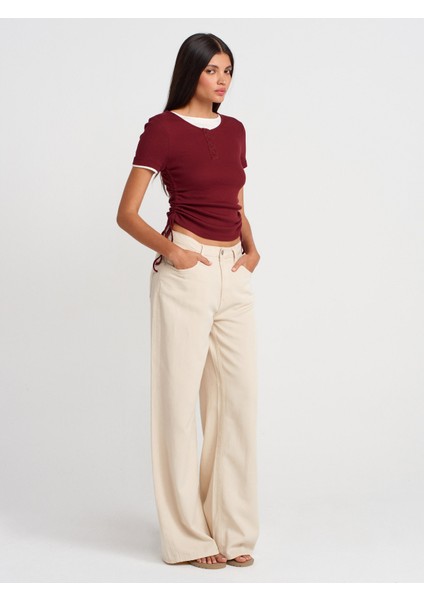 31816 Çift Katlı Büzgülü T-Shirt-Açık Bordo fırsatları