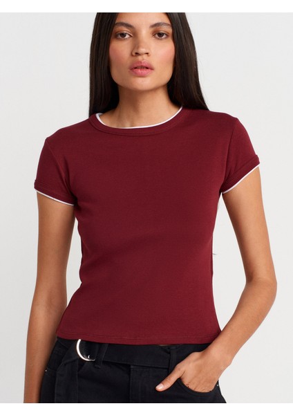 31750 Kontrast Kısa Kollu Tshirt-Açık Bordo