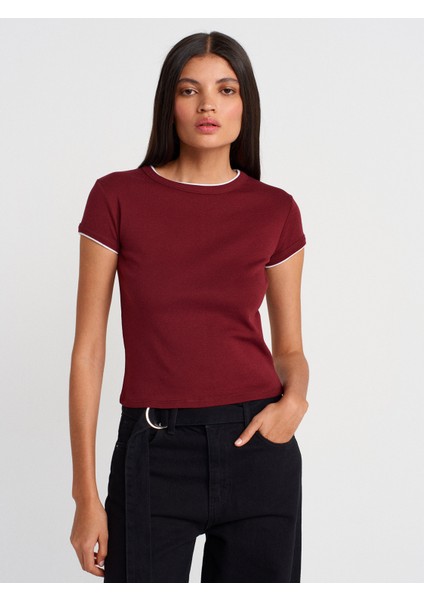 31750 Kontrast Kısa Kollu Tshirt-Açık Bordo modelleri