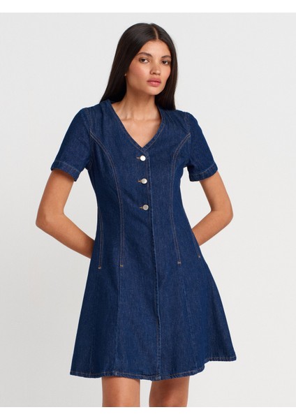 90558 V Yaka Kısa Kollu Denim Elbise-Mavi