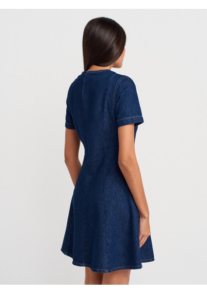 90558 V Yaka Kısa Kollu Denim Elbise-Mavi fiyatları