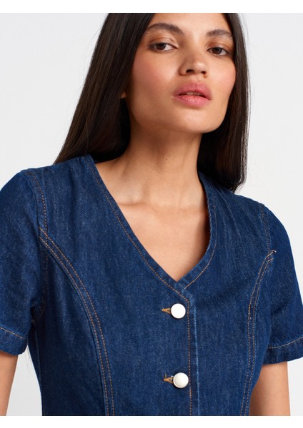 90558 V Yaka Kısa Kollu Denim Elbise-Mavi modelleri