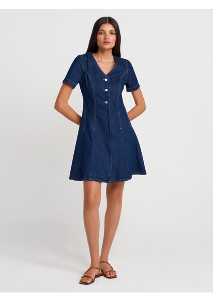 90558 V Yaka Kısa Kollu Denim Elbise-Mavi fırsatları