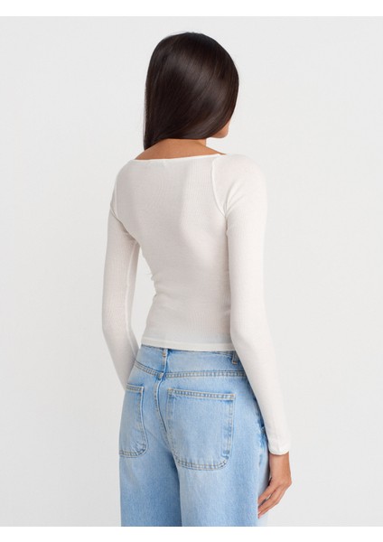 31782 Dantel Şeritli Uzun Kollu Top-Ekru fiyatları