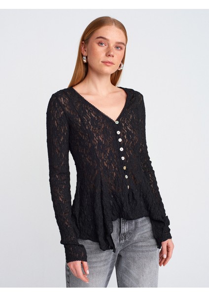 60433 Düğmeli Peplum Dantel Hırka-Siyah