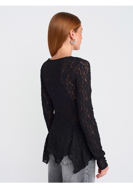60433 Düğmeli Peplum Dantel Hırka-Siyah