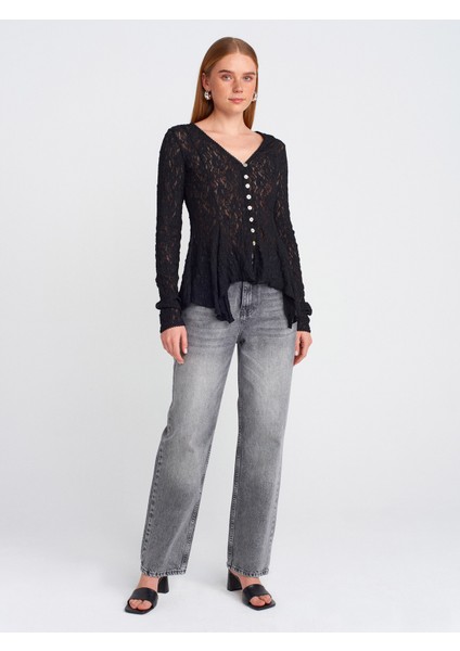 60433 Düğmeli Peplum Dantel Hırka-Siyah